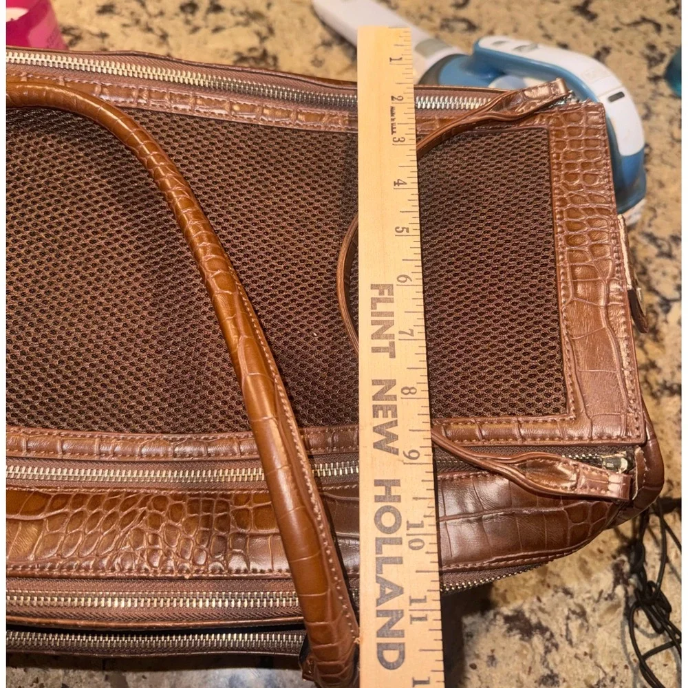 Croc Embossed Faux Leather Pet Carrier Brown Mesh Dog Cat Travel Bag 17in